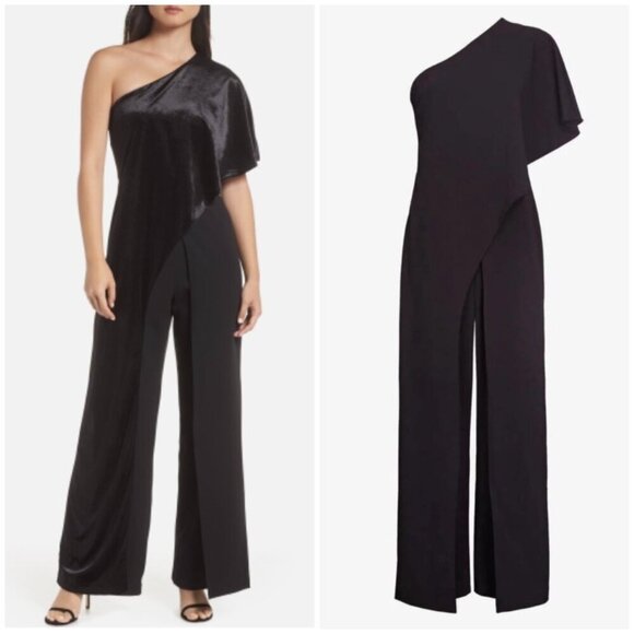 NWT ADRIANNA PAPELL Draped Velvet One-Shoulder Jumpsuit Black Womens 8 - Picture 1 of 12